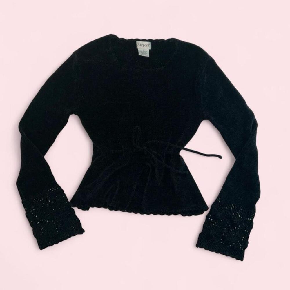 Vintage Airport Black Chenille Knit Sweater Drawstring Waist Y2K Vamp L